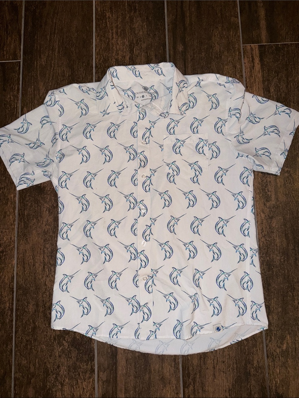 Southern Proper White Short-Sleeve Button-Down with Blue Marlin Print